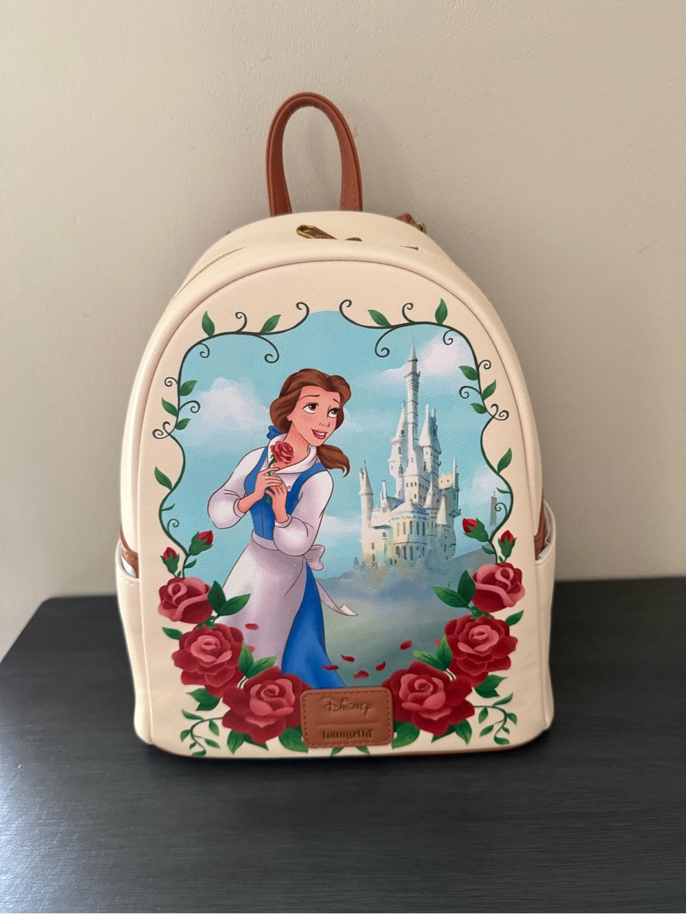 Loungefly Belle Cream Mini Backpack with Blue Dress and Red Rose Detailing